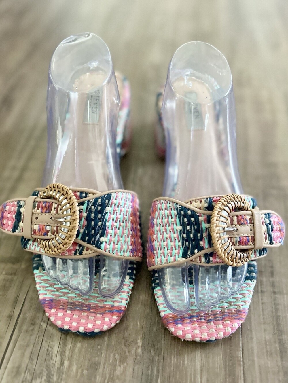 Steve Madden New York Blythe Sandal W/Buckle, Raffia Colorful Pattern Size 10